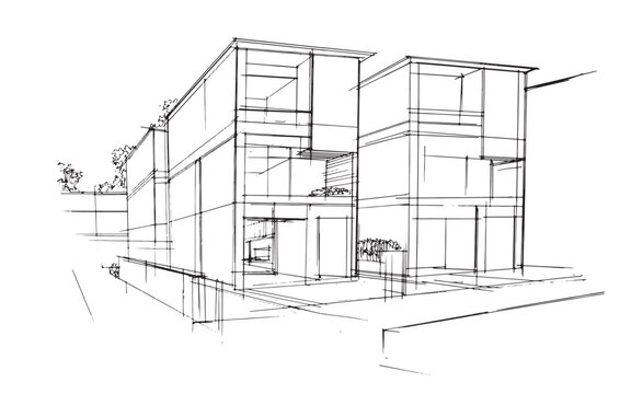 Line drawing of residential ,Line Drawing, town house,2d illustration