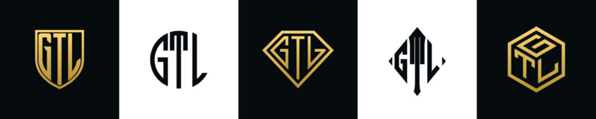 Initial letters GTL logo designs Bundle. This collection incorporated with shield, round, diamond, rectangle and hexagon style logo. Vector template