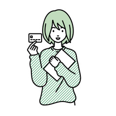 立って書類とカードを手に持つリモートワークの女性