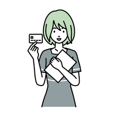 立って書類とカードを手に持つエステ店員・接客・受付の女性