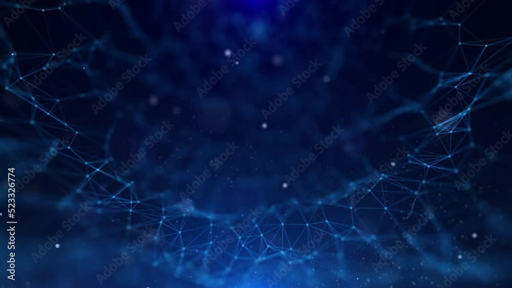 Poster Abstract digital data network connection moving lines and dots low poly structure 4K motion. Technology blue lens flare flickering background.