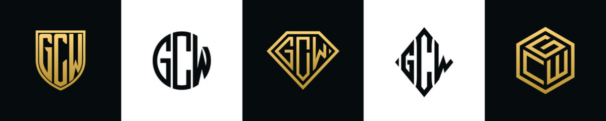 Initial letters GCW logo designs Bundle. This collection incorporated with shield, round, diamond, rectangle and hexagon style logo. Vector template