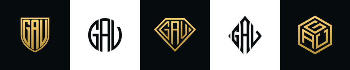 Initial letters GAV logo designs Bundle. This collection incorporated with shield, round, diamond, rectangle and hexagon style logo. Vector template
