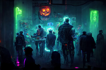 night time  in halloween days , cyberpunk theme  crowed