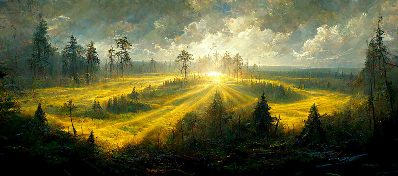 beautiful magic forest in the sunny foggy view