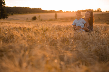 Mom kisses her son on the head in a wheat field at sunset