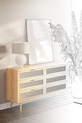 A sketch becomes a room with a blank vertical poster and lamp on a wooden dresser with rattan drawers, large cornflowers in a clay vase, and brown carpet on the dark wooden floor. 3d render