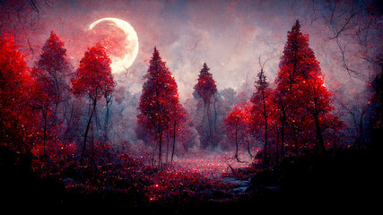 mystery deep forest with red mooon