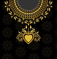 Golden woman Jellabiya dress ornament frame design vector around chest and neck on black color