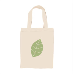 Fabric reusable beige eco bag with a green leaf symbol on a white background. No waste, no plastic. Environmental Protection, caring for planet earth