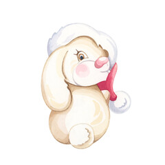 Cute bunny with a red hat. Watercolor illustration.