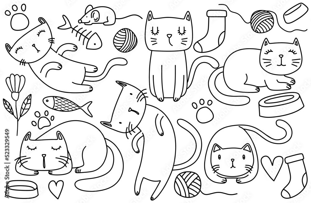 Wall mural funny doodle cats sketch. vector illustration