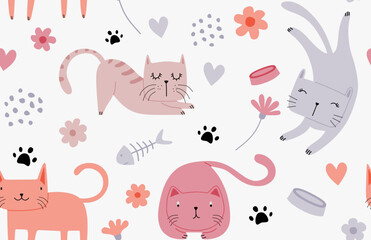 Obraz premium Seamless pattern with different funny cats.