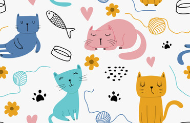 Seamless pattern with different funny cats.