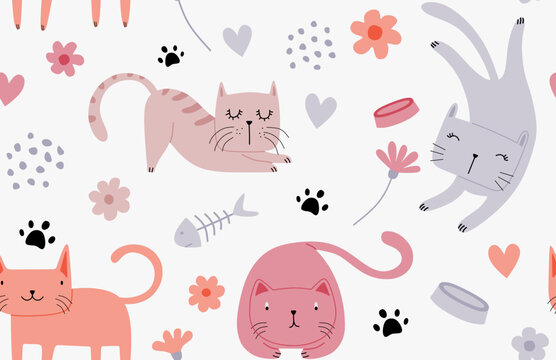Seamless pattern with different funny cats.
