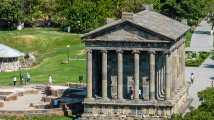 panoramic view of an ancient Roman temple against the sky in Armenia taken from a drone