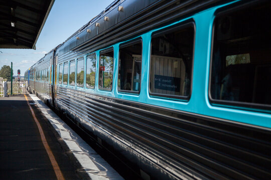 Outside close up of a passenger train at Singleton train station