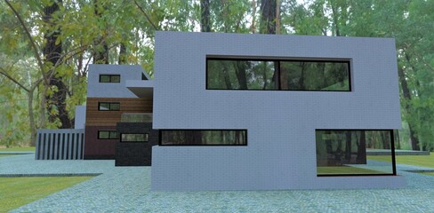 Wonderful country house in an old relict forest. The façade is white brick. Stone blocks natural granite. Large mirrored windows. 3d render. - obrazy, fototapety, plakaty
