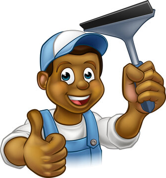 A Black Window Cleaner Washer Cartoon Character Holding A Squeegee And Giving A Thumbs Up