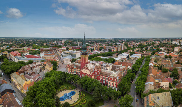 The drone aerial view of city Subotica, Serbia. Subotica is a city and the administrative center of the North Bačka District in the autonomous province of Vojvodina, Serbia. 