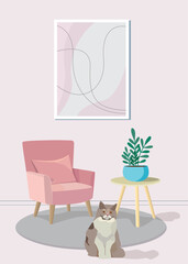 Vector illustration with cat and armchair. Interior