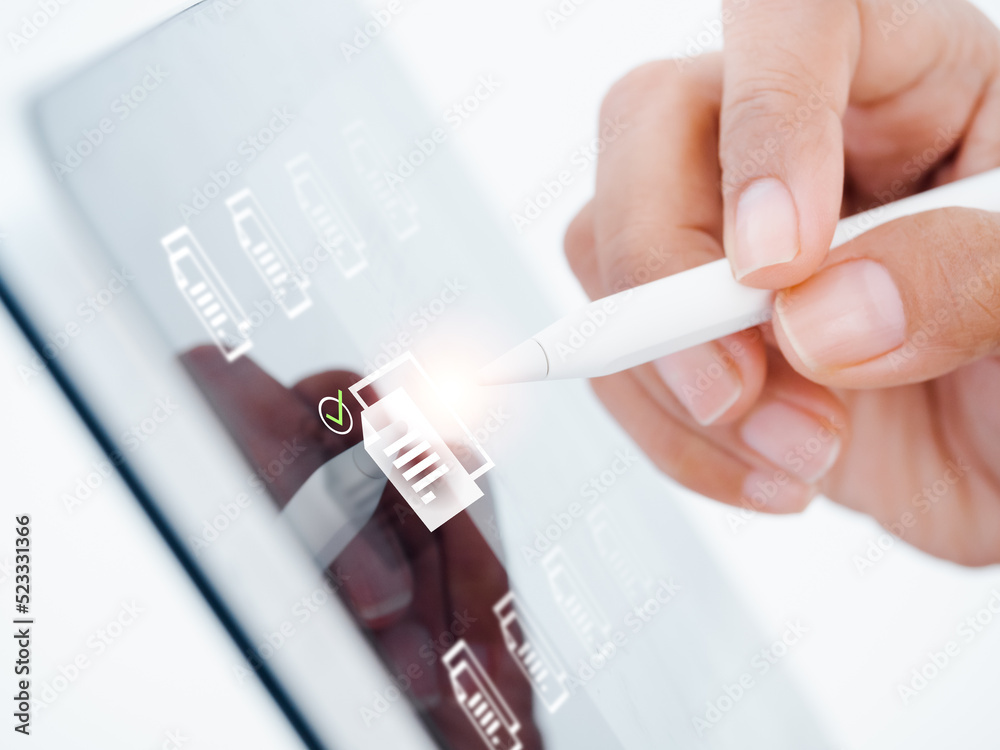 Poster document management. cloud computing technology. closeup document file information icons and check m