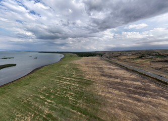 panoramic views of ancient temples and buildings in picturesque places near Lake Sevan in Armenia taken from a drone