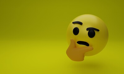 3d illustration, thinking face emoticon, hands on his chin, yellow background, 3d rendering.