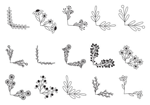 hand drawn flower corner borders. Fancy page decoration. laurel design elements.