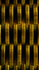 Stack of coins close-up. Coin texture. Business vertical background made of many coin edge. Economy or bank phone wallpaper. Abstract money wall. Tax, credit and currency change. Macro