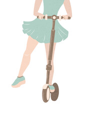 Young woman riding a scooter in a dress, slender long legs