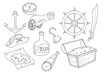 Pirate set graphic black white isolated sketch illustration vector