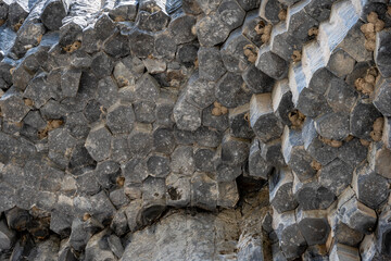 flint stones of regular geometric shape resembling fragments of a petrified giant tree in a valley in Armenia