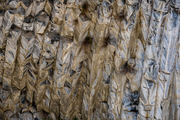 flint stones of regular geometric shape resembling fragments of a petrified giant tree in a valley in Armenia