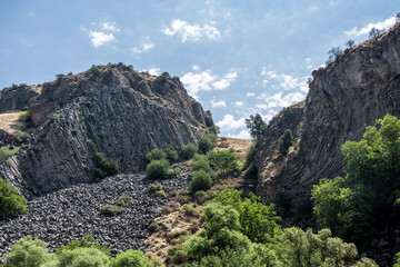 Fototapeta na wymiar flint stones of regular geometric shape resembling fragments of a petrified giant tree in a valley in Armenia
