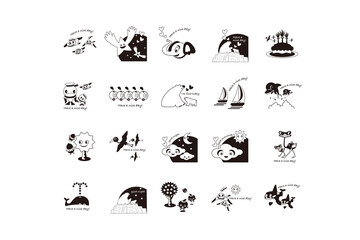 可愛いユニークな動物や鳥や木の実たちの日常です。
シンプルなタッチでいろんな場面でご利用ください。
