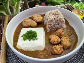 Tofu and nugget with brown rice curry sauce