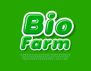 Vector quality sign Bio Farm. Green Alphabet Letters, Numbers and Symbols set. Modern bright Font
