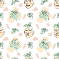 Seamless pattern with one single line drawings of female face and leaves and abstract shapes. Black line on white background