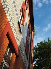 red and white brick wall building