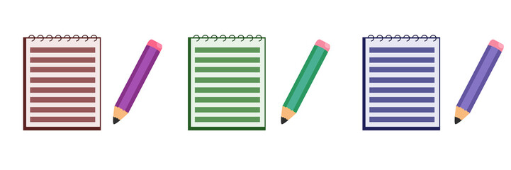 Набор иконок  разноцветных блокнотов с карандашом на белом фоне. Дизайн рекламной вывески , баннера, школьные принадлежности, для бизнеса.