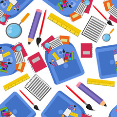 seamless illustration of school supplies in a backpack on a white background. Pencil, notepad, ruler, paints and brush. For billboard, advertising, printing on notebooks, books.
