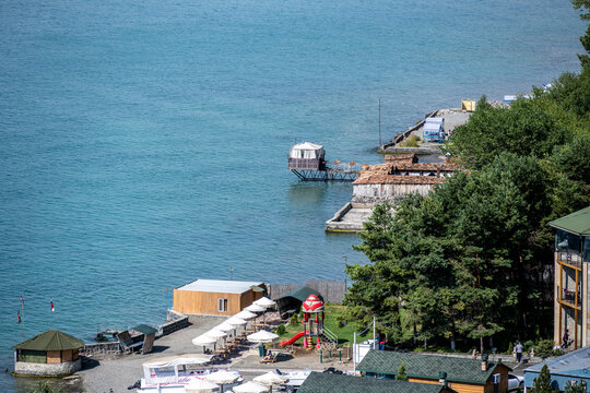 landscape with views of ancient stone buildings and temples on a summer day near Lake Sevan in Armenia