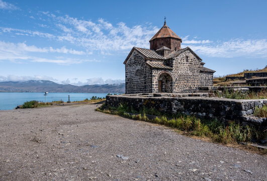 landscape with views of ancient stone buildings and temples on a summer day near Lake Sevan in Armenia