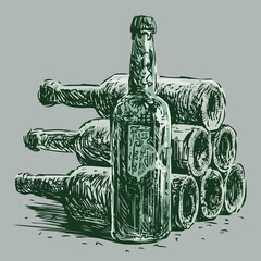 Hand drawing of old wine bottles collection