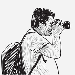 Hand drawing of tourist photographer taking picture on camera