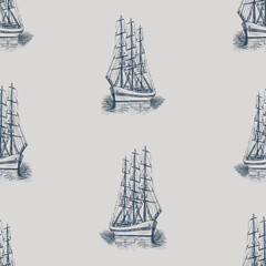 Seamless pattern of sketches old sailing ship