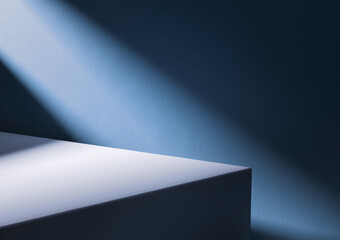3D illustration of wooden board corner at green wall lit by diagonal light stripe. - obrazy, fototapety, plakaty