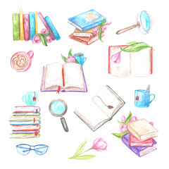 A set of elements - furnaces and open books with flowers, coffee, tea mugs, magnifying glasses and glasses.