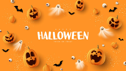 Happy Halloween holiday banner. Orange festive banner with 3d spooky pumpkins, candy eyes, paper bats, ghosts and confetti. Vector illustration. Happy Halloween holiday banner.